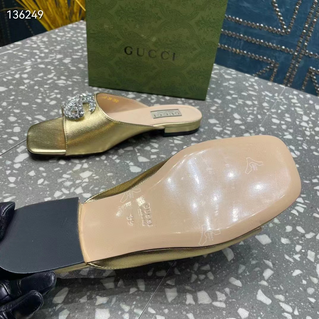Gucci Women GG Double G Slide Sandal Metallic Gold Leather Crystals Leather Sole Flat Style ‎771586 B8B00 8053