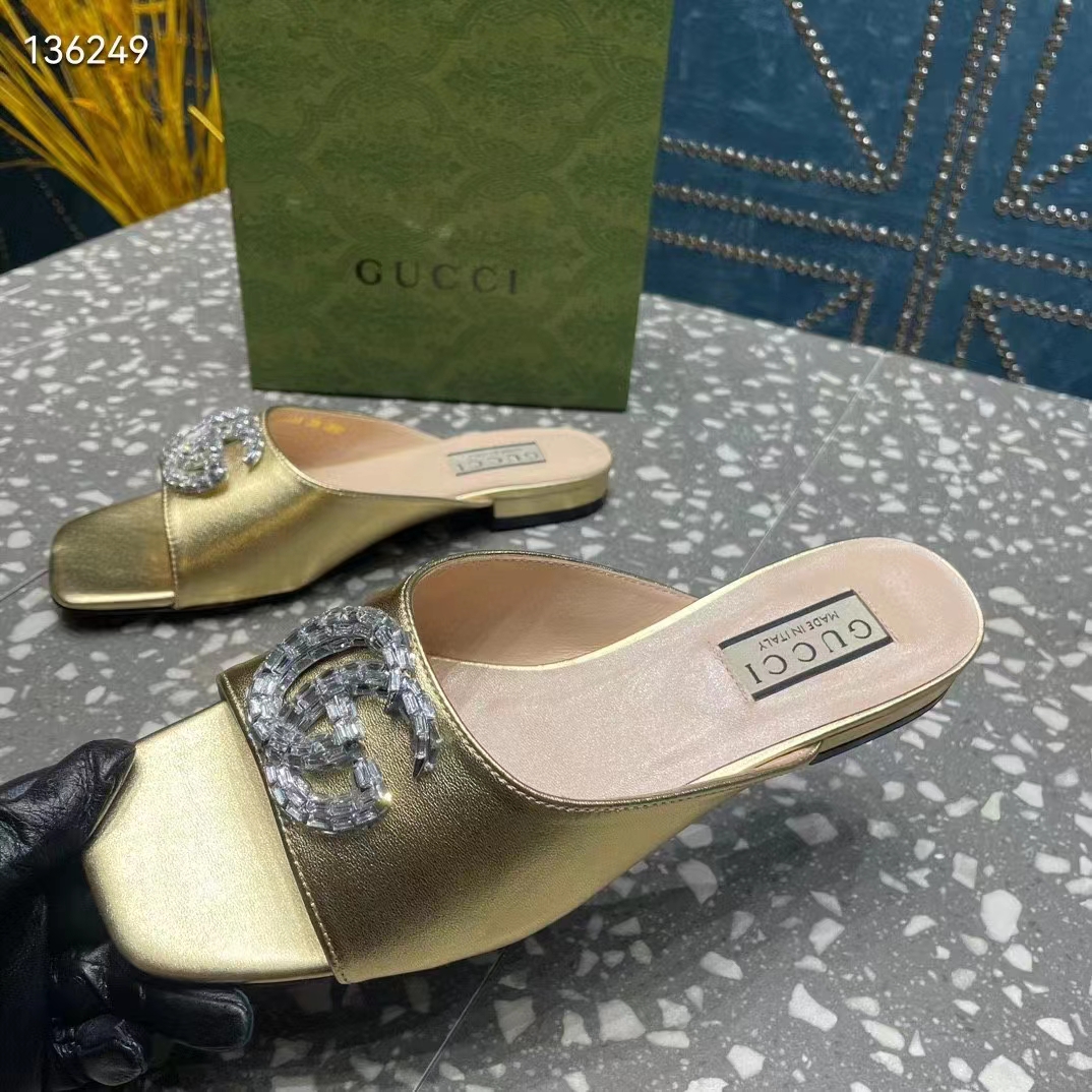 Gucci Women GG Double G Slide Sandal Metallic Gold Leather Crystals Leather Sole Flat Style ‎771586 B8B00 8053