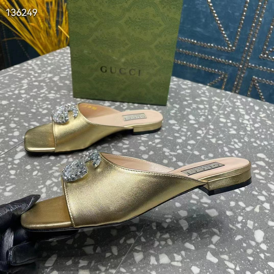 Gucci Women GG Double G Slide Sandal Metallic Gold Leather Crystals Leather Sole Flat Style ‎771586 B8B00 8053