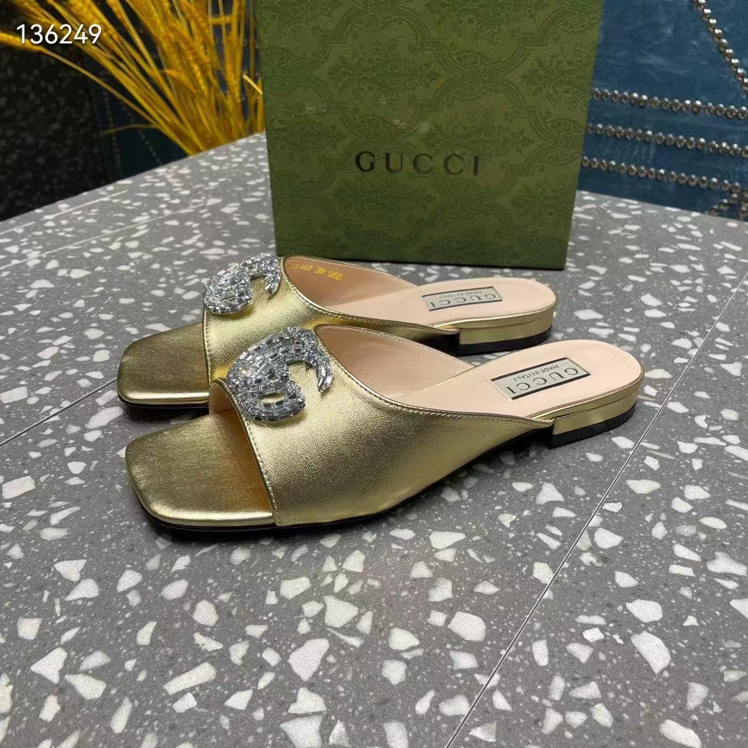 Gucci Women GG Double G Slide Sandal Metallic Gold Leather Crystals Leather Sole Flat Style ‎771586 B8B00 8053