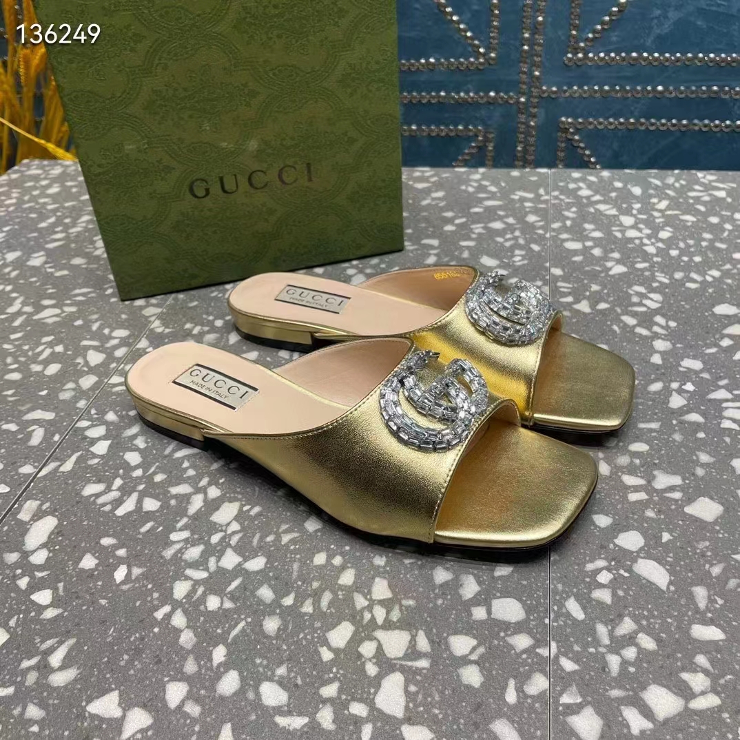 Gucci Women GG Double G Slide Sandal Metallic Gold Leather Crystals Leather Sole Flat Style ‎771586 B8B00 8053