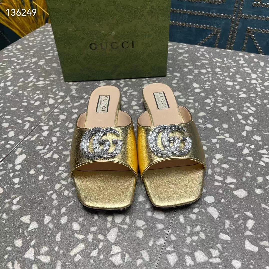 Gucci Women GG Double G Slide Sandal Metallic Gold Leather Crystals Leather Sole Flat Style ‎771586 B8B00 8053
