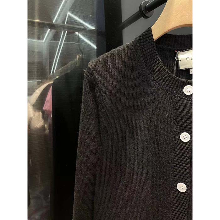 Gucci Women GG Extra Fine Wool Cardigan Black Horsebit Intarsia V-Neck Two Front Pockets