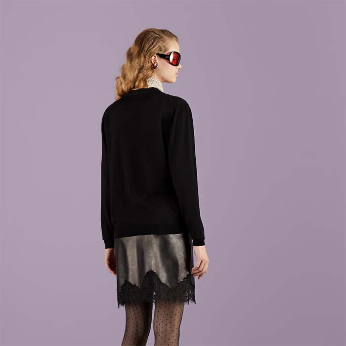 Gucci Women GG Extra Fine Wool Cardigan Black Horsebit Intarsia V-Neck Two Front Pockets