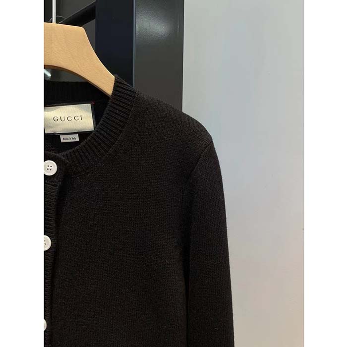 Gucci Women GG Extra Fine Wool Cardigan Black Horsebit Intarsia V-Neck Two Front Pockets