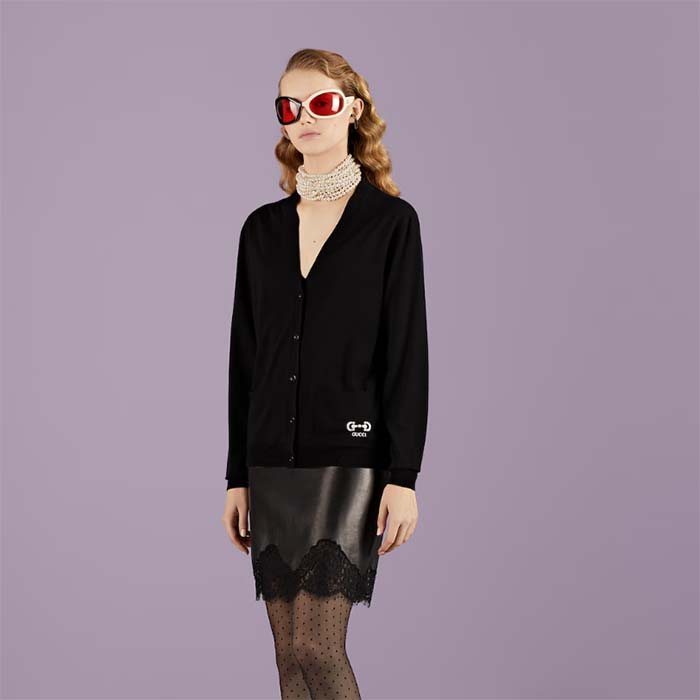 Gucci Women GG Extra Fine Wool Cardigan Black Horsebit Intarsia V-Neck Two Front Pockets
