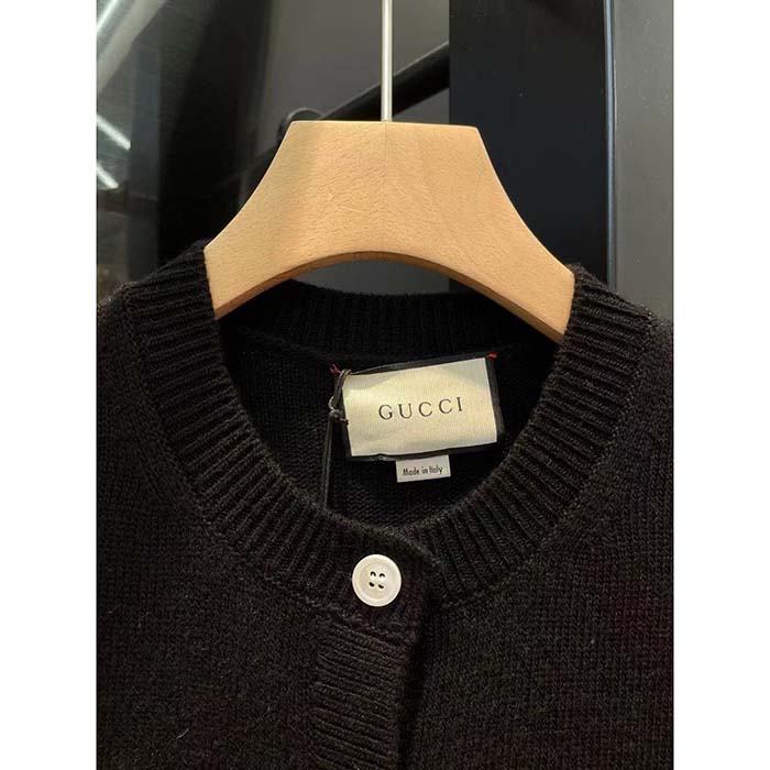 Gucci Women GG Extra Fine Wool Cardigan Black Horsebit Intarsia V-Neck Two Front Pockets