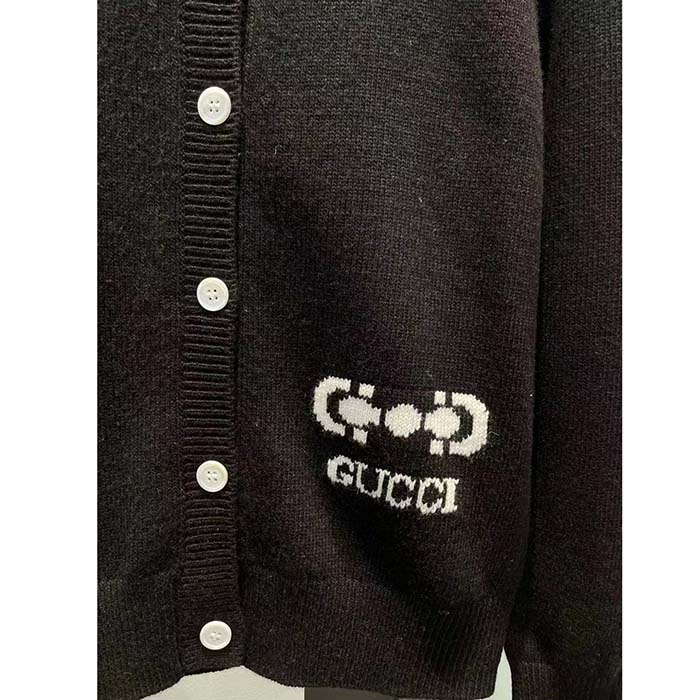 Gucci Women GG Extra Fine Wool Cardigan Black Horsebit Intarsia V-Neck Two Front Pockets
