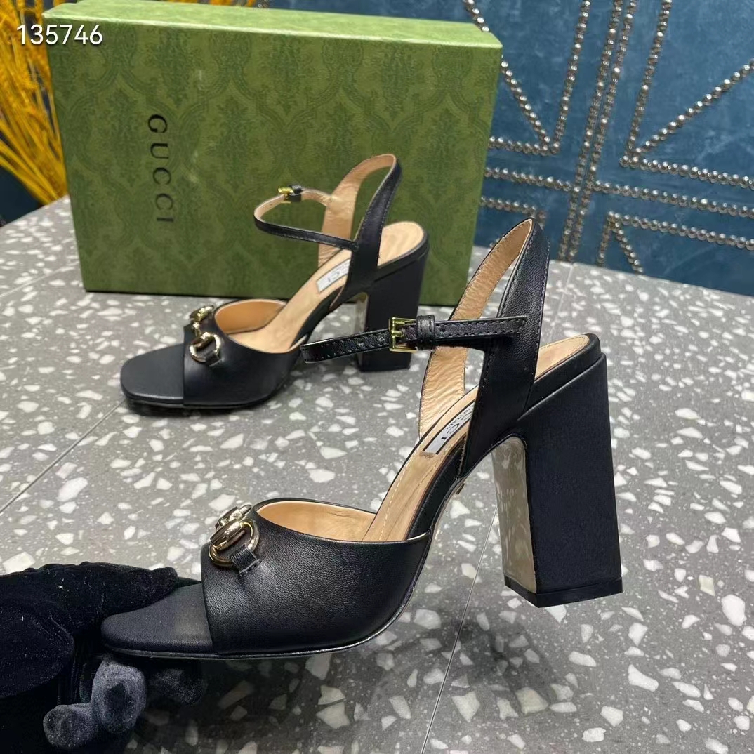 Gucci Women GG Horsebit Mid-Heel Sandal Black Leather Sole Ankle Buckle Closure