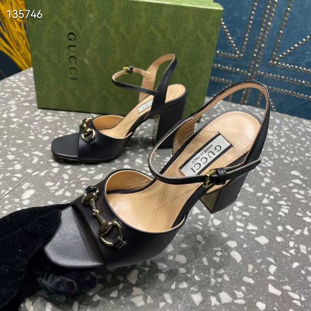 Gucci Women GG Horsebit Mid-Heel Sandal Black Leather Sole Ankle Buckle Closure