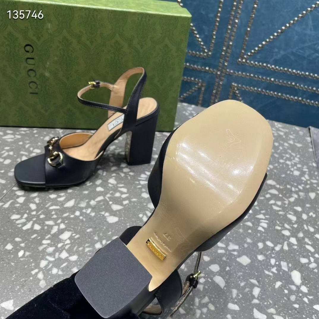 Gucci Women GG Horsebit Mid-Heel Sandal Black Leather Sole Ankle Buckle Closure