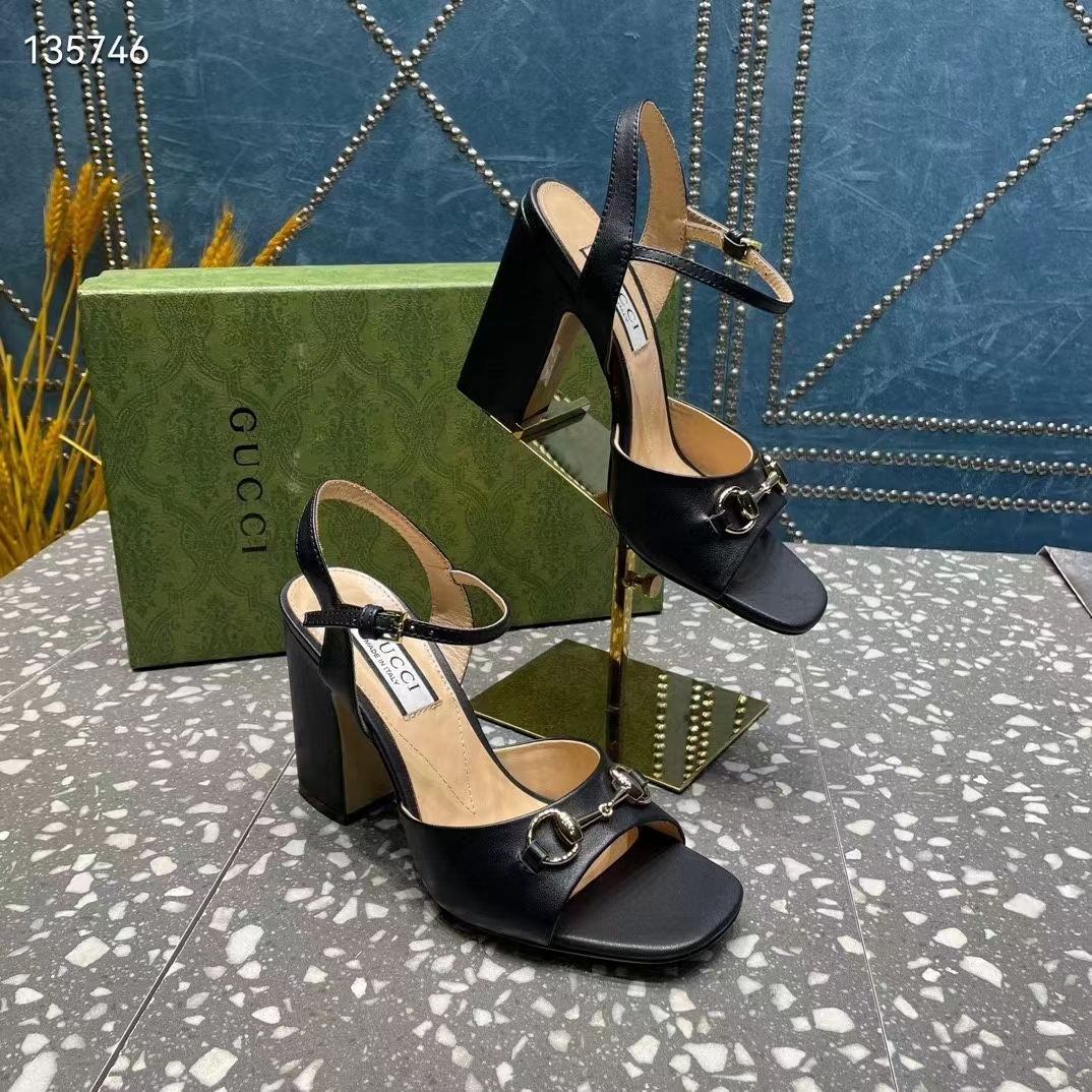 Gucci Women GG Horsebit Mid-Heel Sandal Black Leather Sole Ankle Buckle Closure