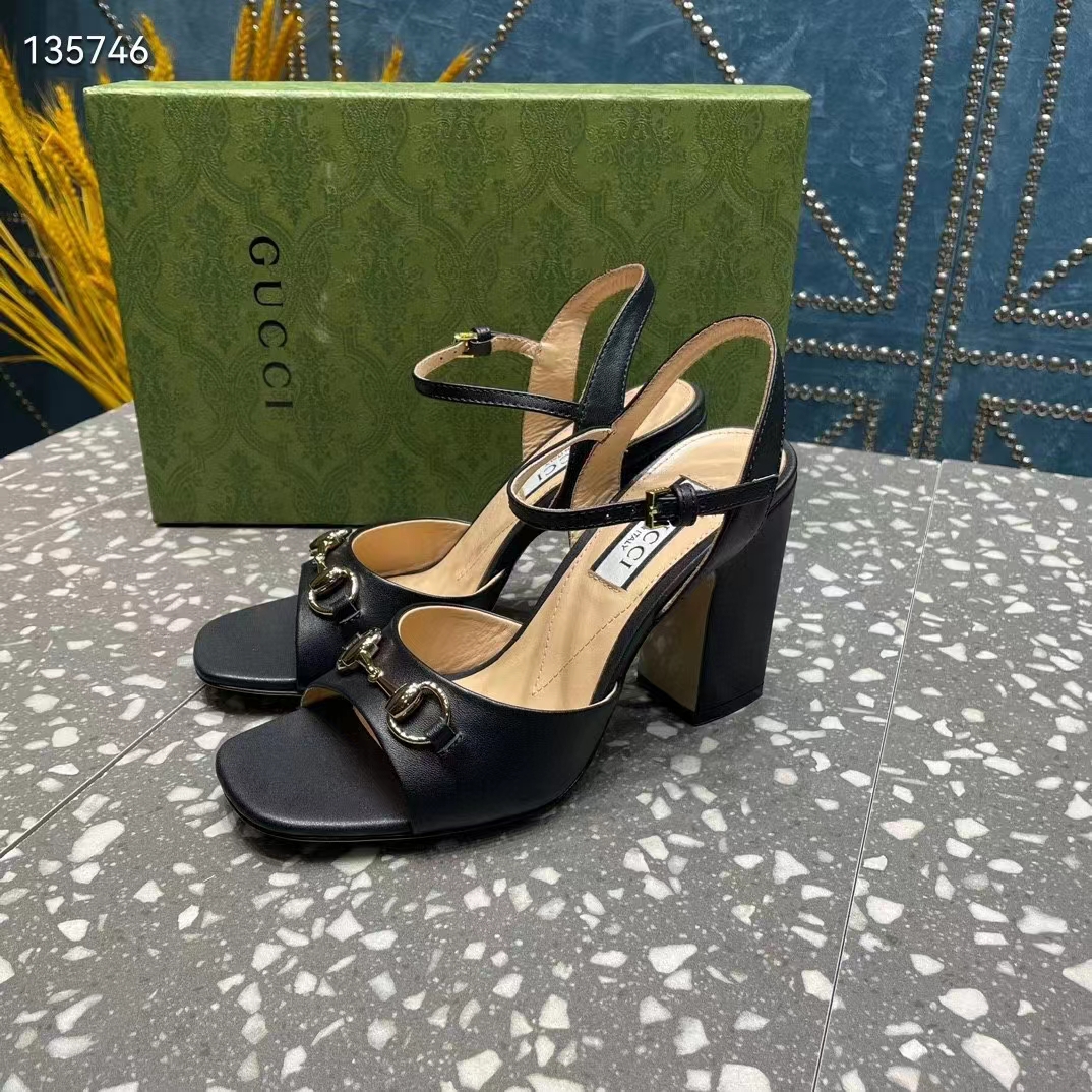 Gucci Women GG Horsebit Mid-Heel Sandal Black Leather Sole Ankle Buckle Closure