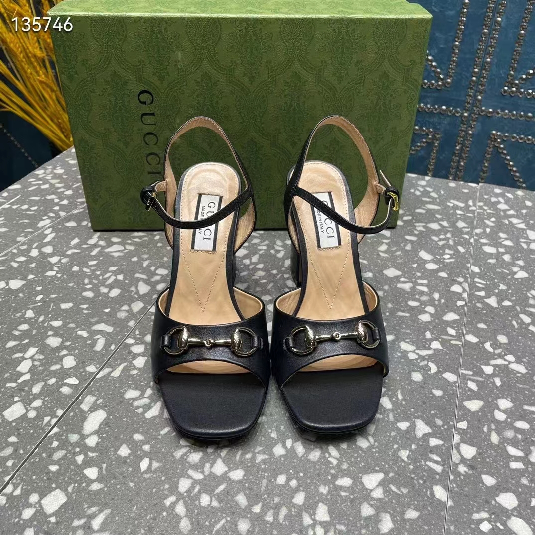 Gucci Women GG Horsebit Mid-Heel Sandal Black Leather Sole Ankle Buckle Closure