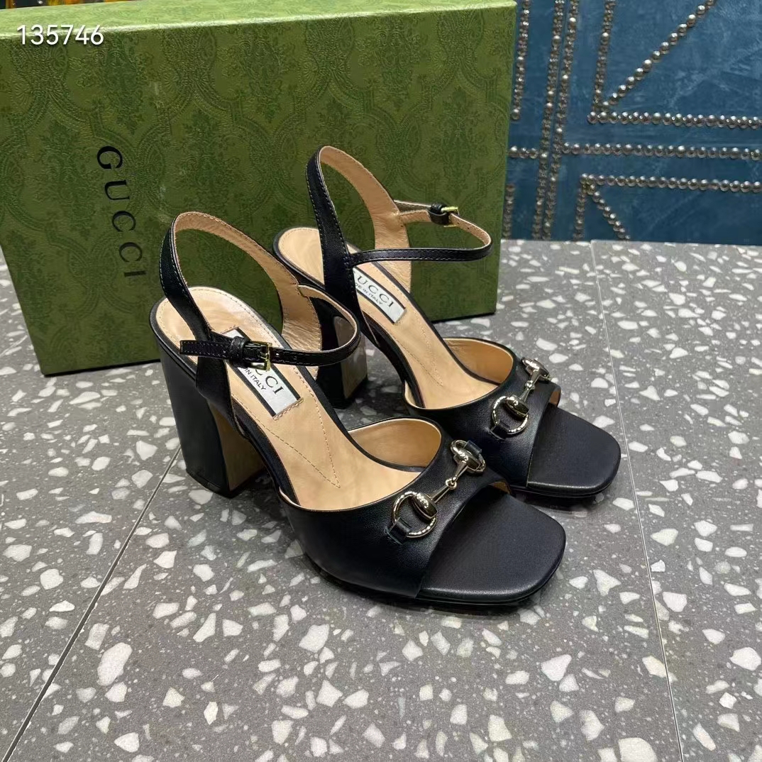 Gucci Women GG Horsebit Mid-Heel Sandal Black Leather Sole Ankle Buckle Closure