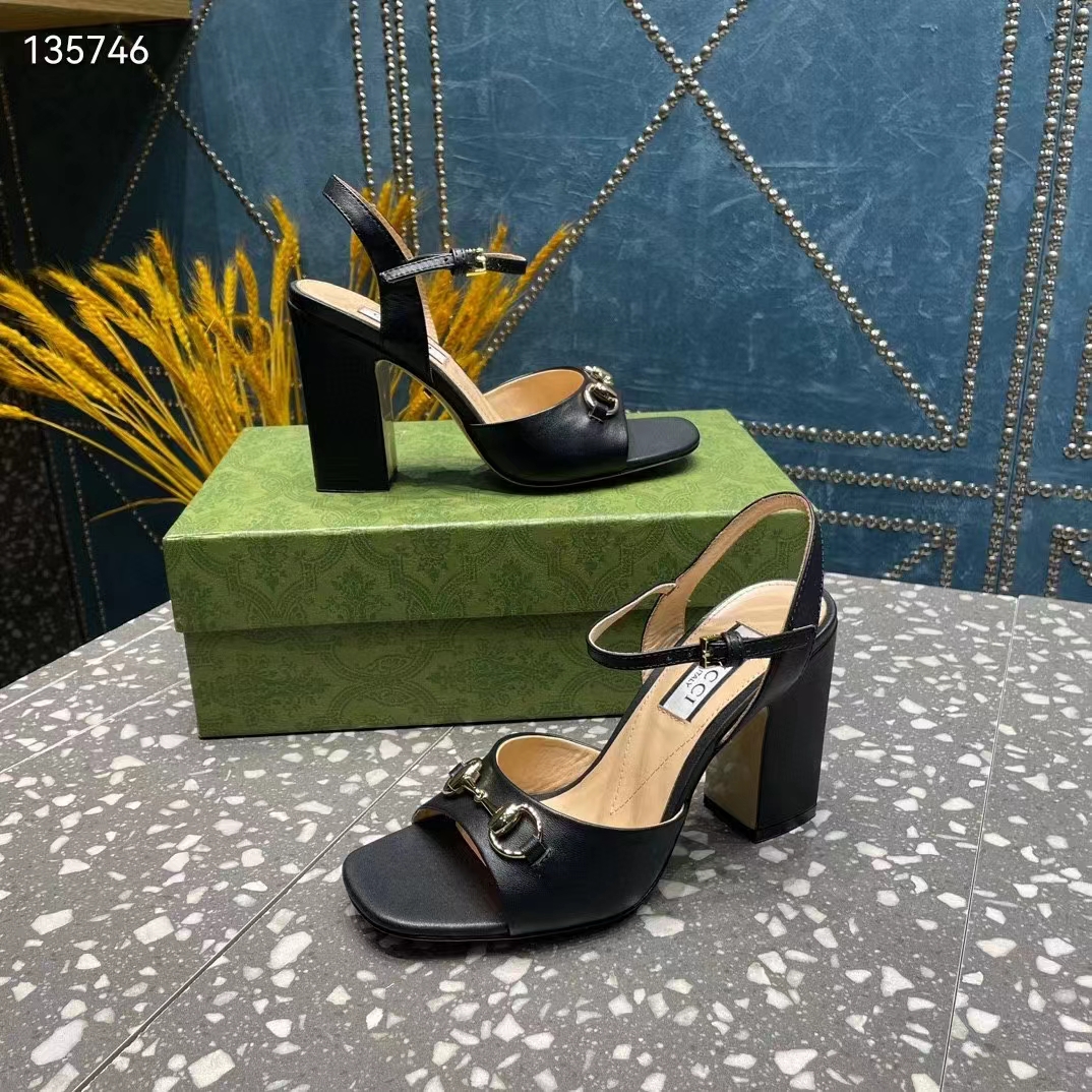 Gucci Women GG Horsebit Mid-Heel Sandal Black Leather Sole Ankle Buckle Closure