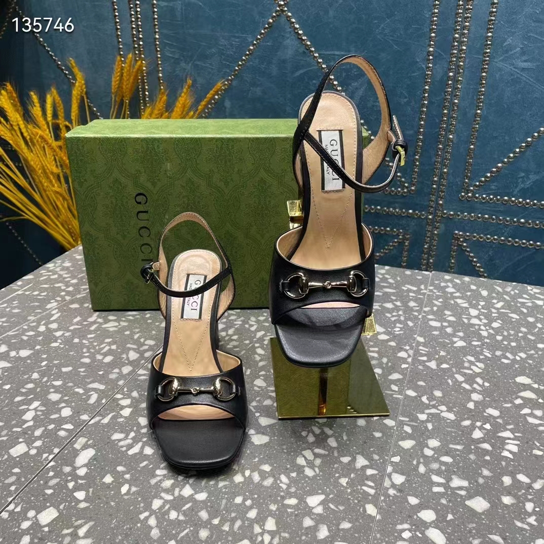 Gucci Women GG Horsebit Mid-Heel Sandal Black Leather Sole Ankle Buckle Closure