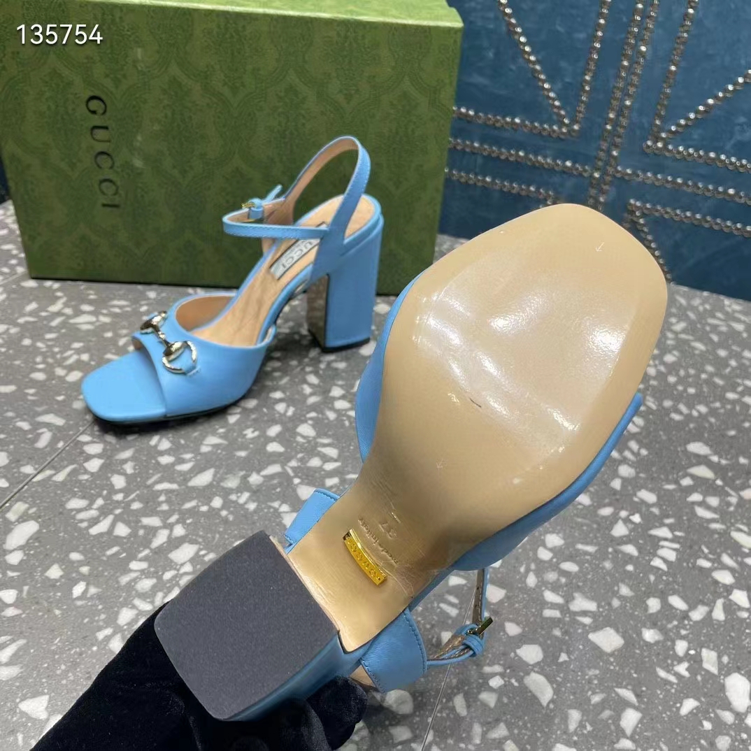 Gucci Women GG Horsebit Mid-Heel Sandal Blue Leather Sole Ankle Buckle Closure