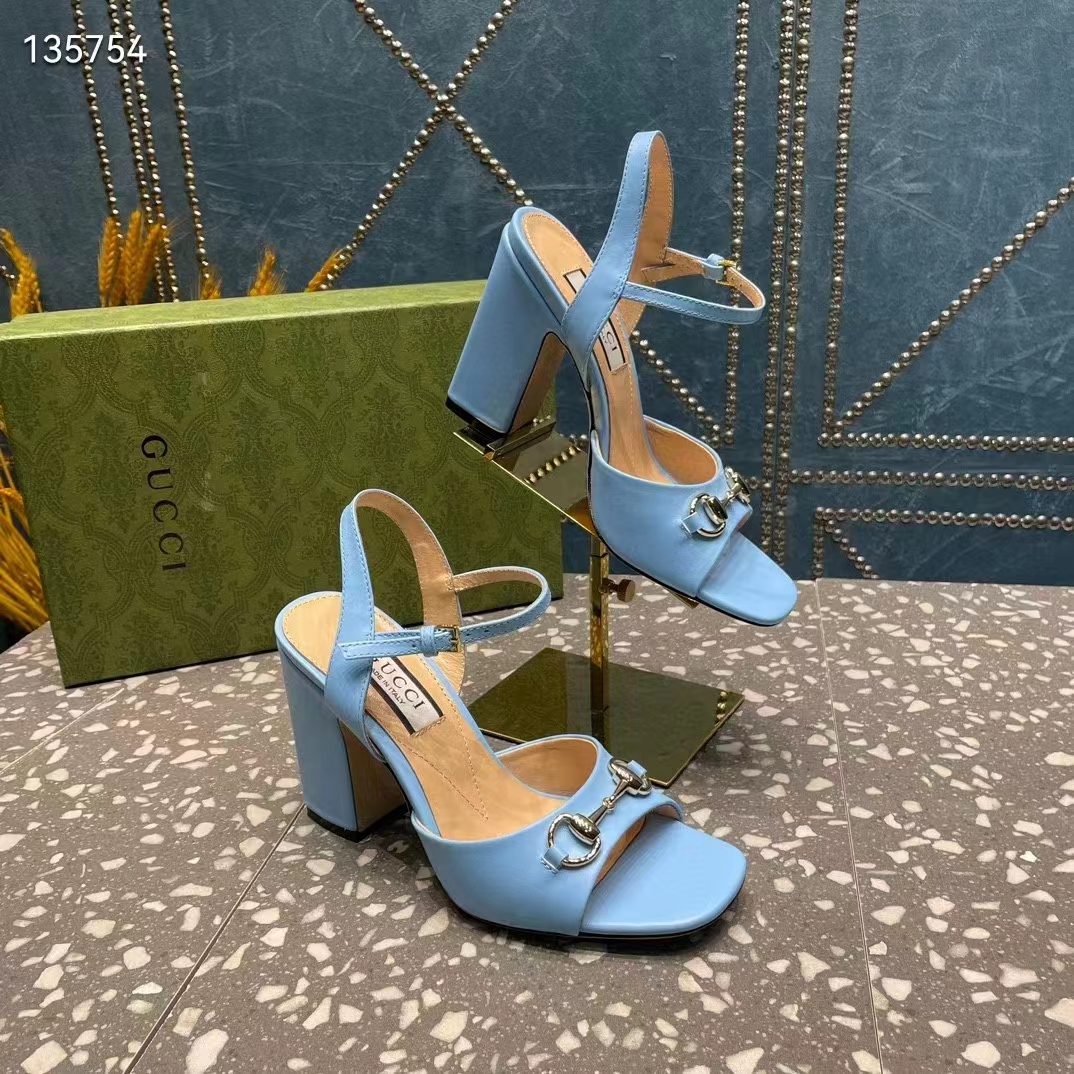 Gucci Women GG Horsebit Mid-Heel Sandal Blue Leather Sole Ankle Buckle Closure