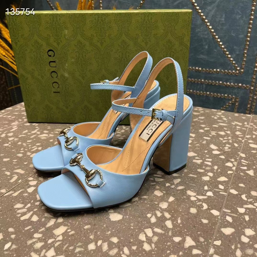 Gucci Women GG Horsebit Mid-Heel Sandal Blue Leather Sole Ankle Buckle Closure