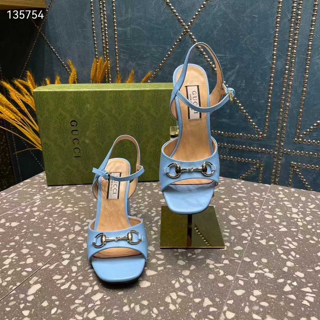 Gucci Women GG Horsebit Mid-Heel Sandal Blue Leather Sole Ankle Buckle Closure