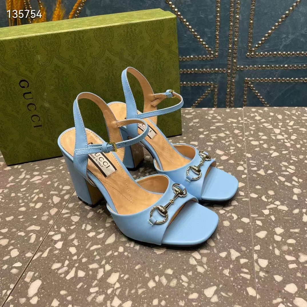 Gucci Women GG Horsebit Mid-Heel Sandal Blue Leather Sole Ankle Buckle Closure