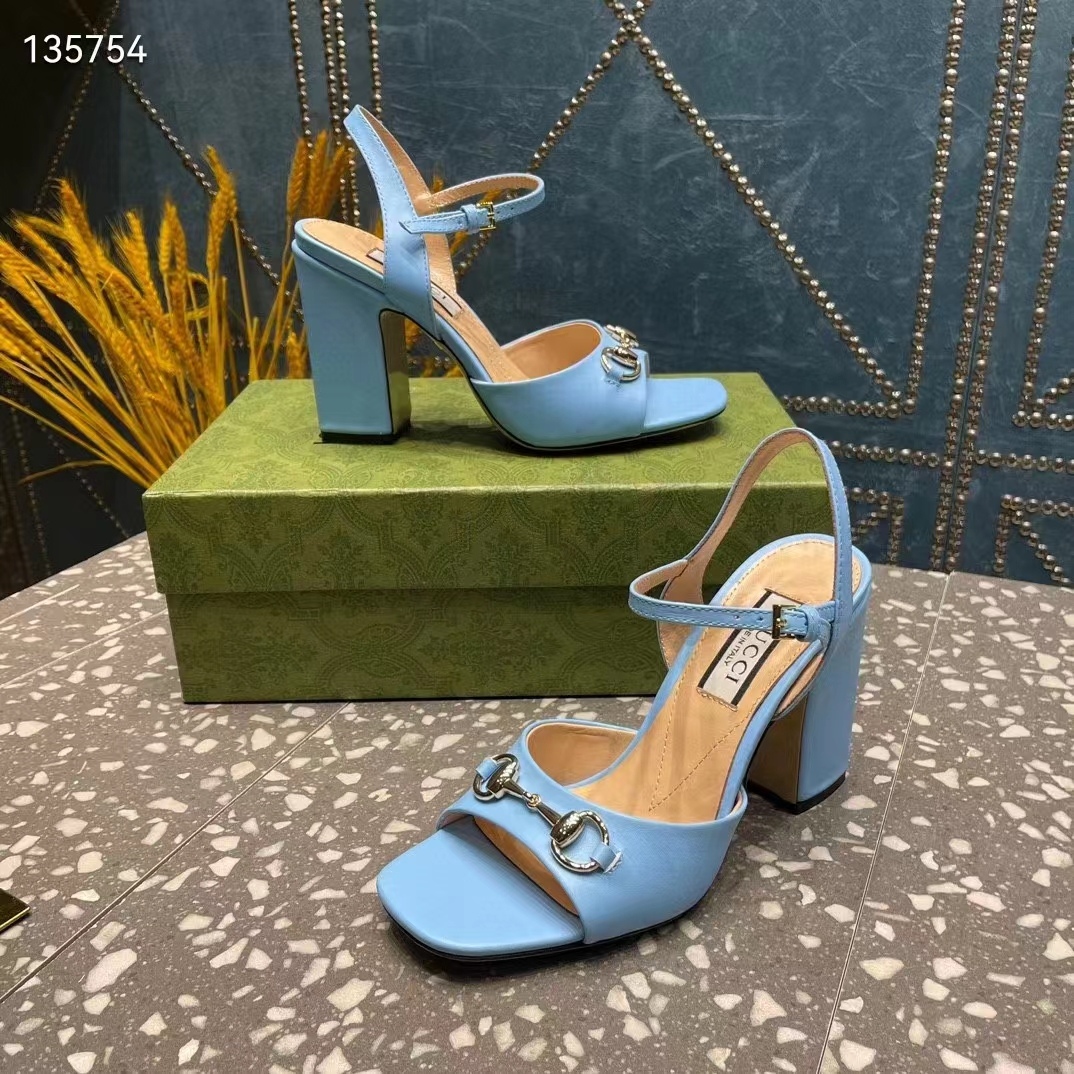 Gucci Women GG Horsebit Mid-Heel Sandal Blue Leather Sole Ankle Buckle Closure