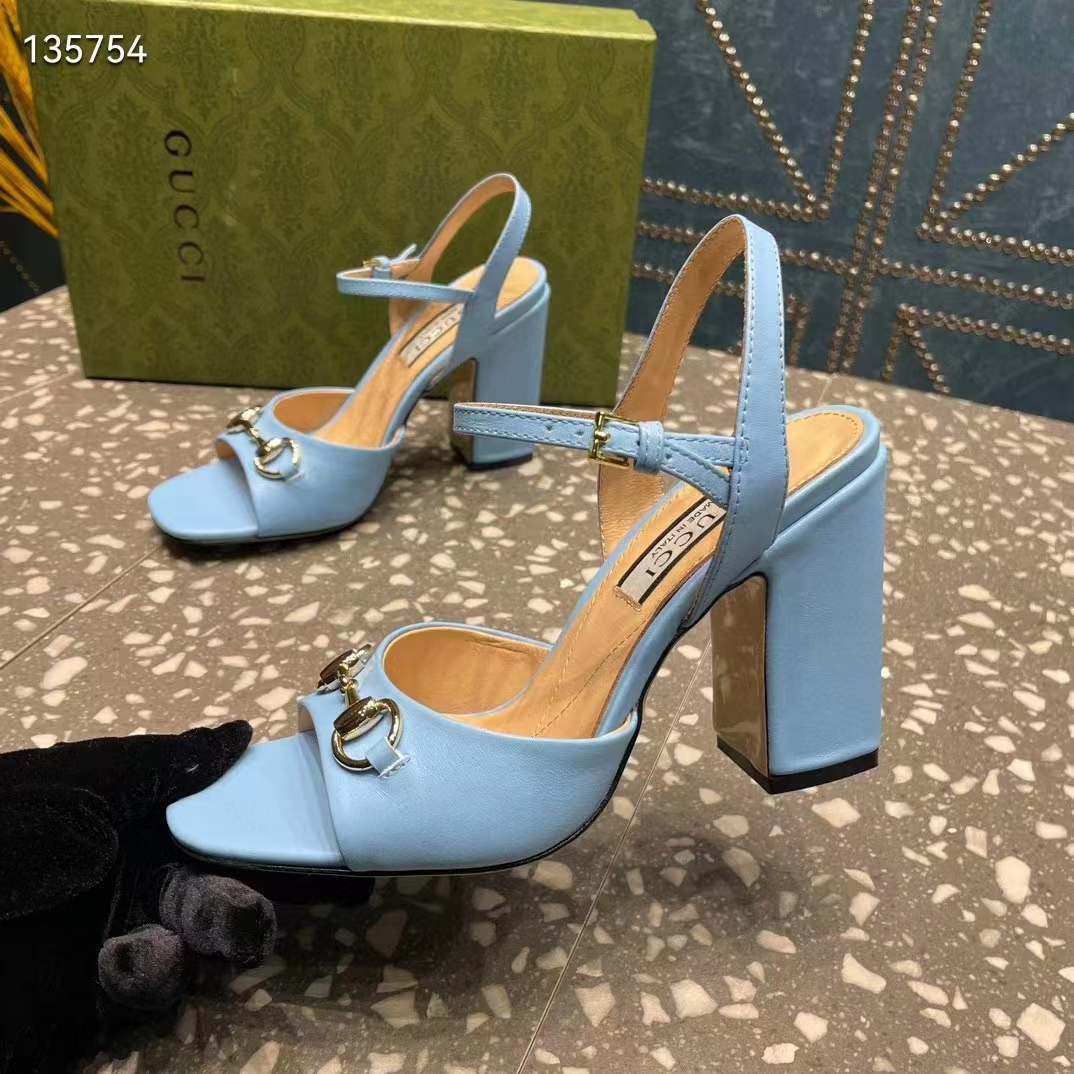 Gucci Women GG Horsebit Mid-Heel Sandal Blue Leather Sole Ankle Buckle Closure