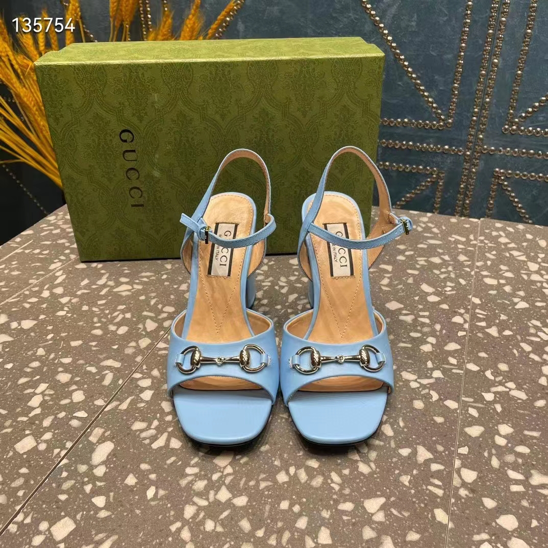 Gucci Women GG Horsebit Mid-Heel Sandal Blue Leather Sole Ankle Buckle Closure