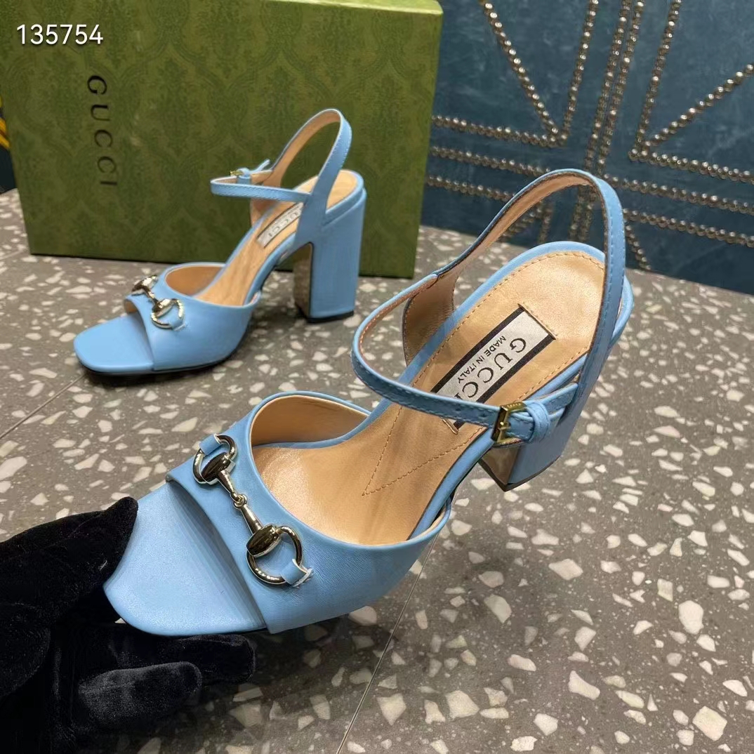 Gucci Women GG Horsebit Mid-Heel Sandal Blue Leather Sole Ankle Buckle Closure