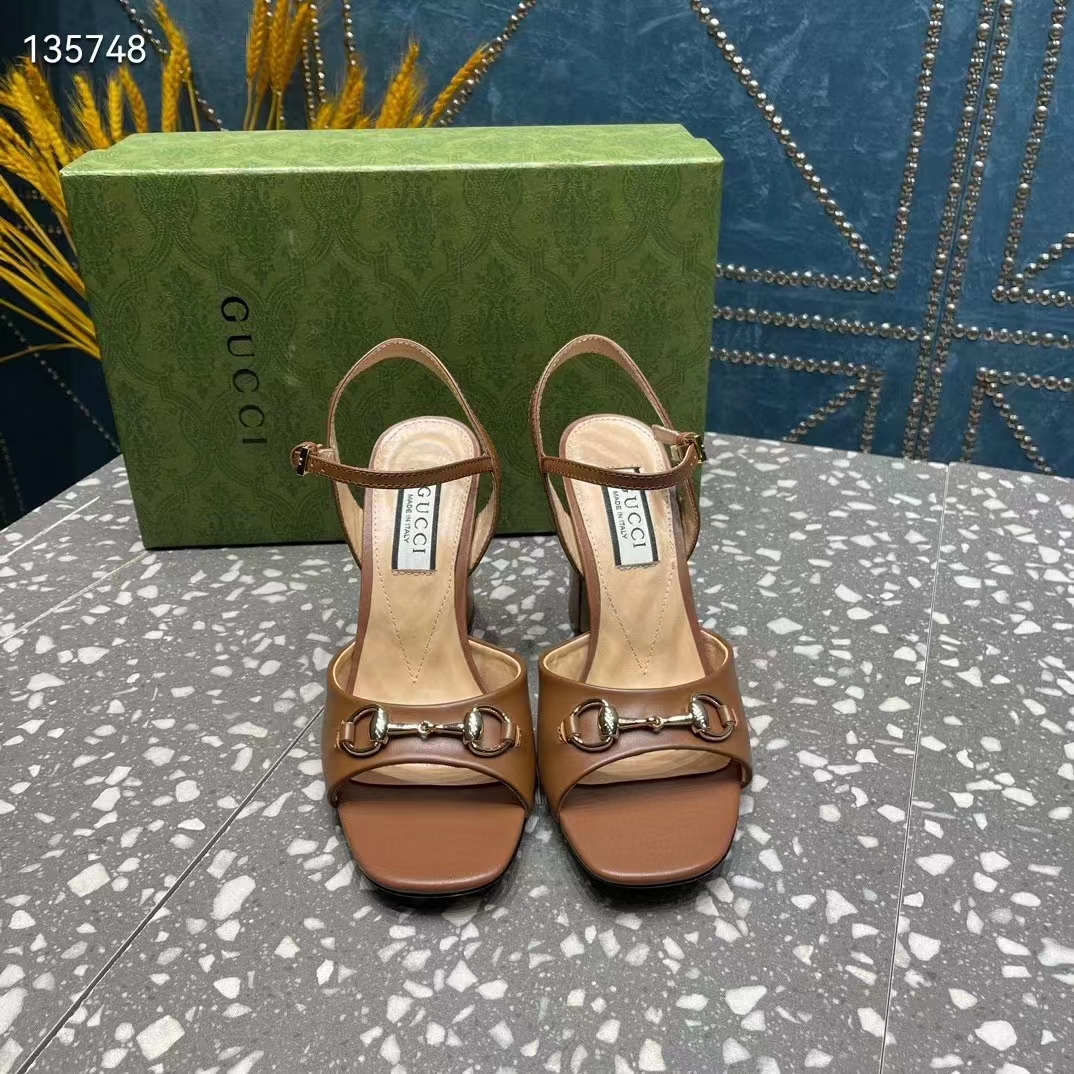Gucci Women GG Horsebit Mid-Heel Sandal Brown Leather Sole Ankle Buckle Closure