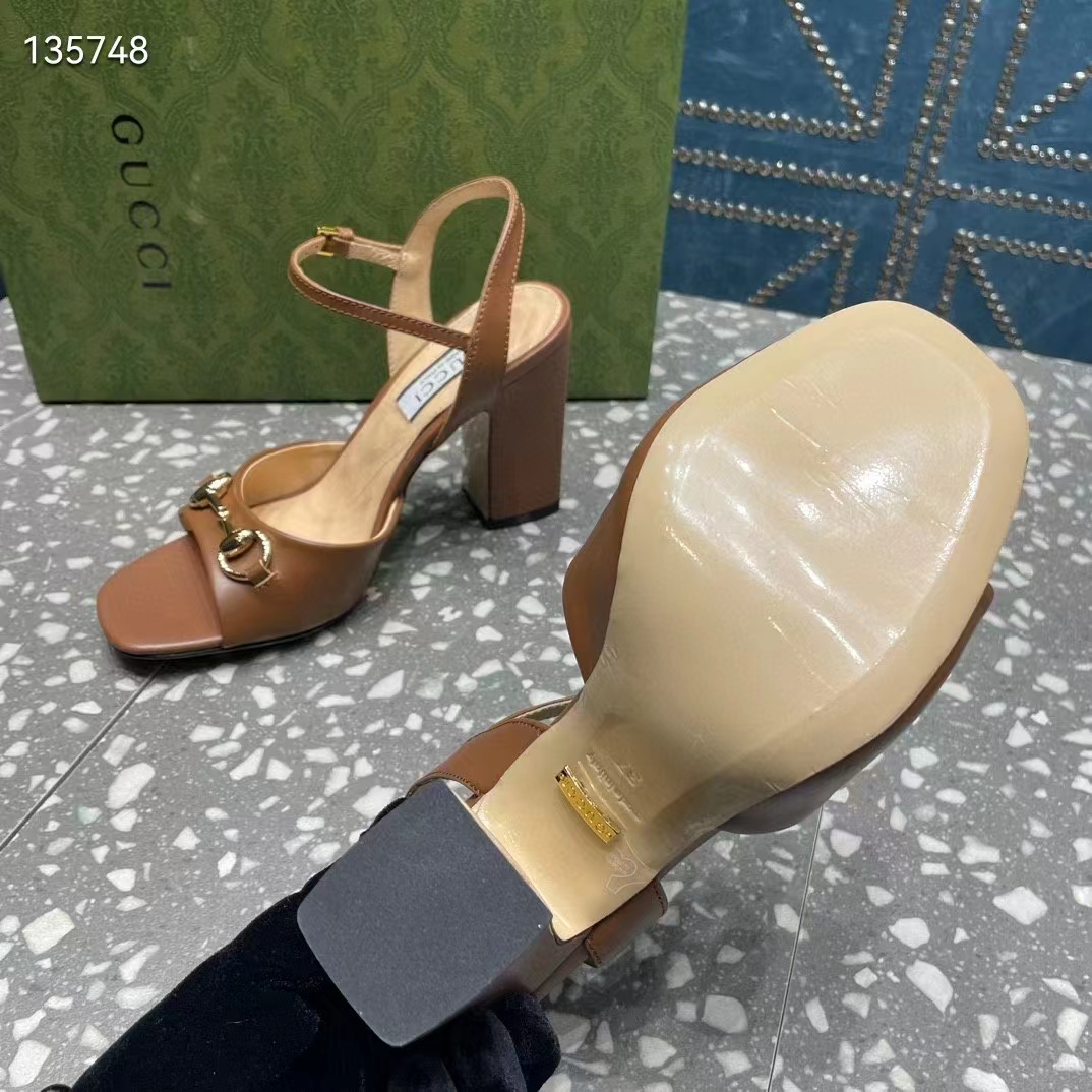 Gucci Women GG Horsebit Mid-Heel Sandal Brown Leather Sole Ankle Buckle Closure