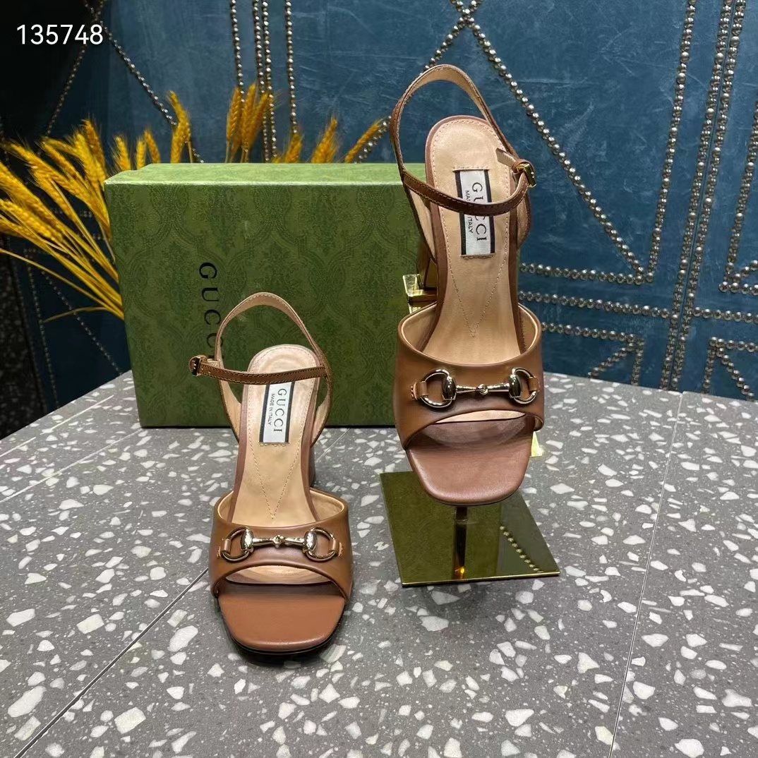 Gucci Women GG Horsebit Mid-Heel Sandal Brown Leather Sole Ankle Buckle Closure