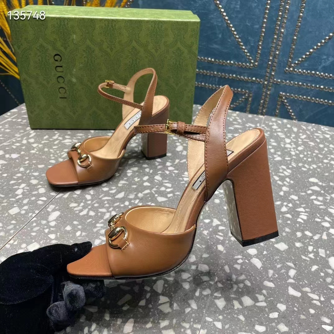 Gucci Women GG Horsebit Mid-Heel Sandal Brown Leather Sole Ankle Buckle Closure