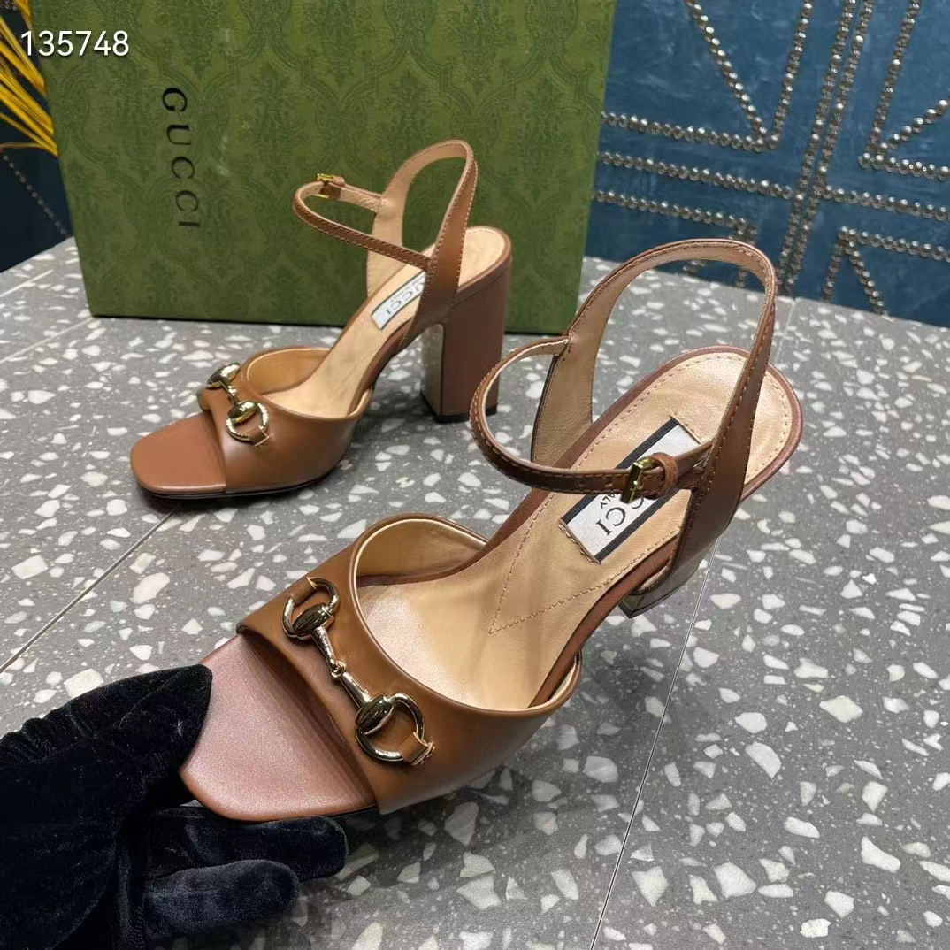 Gucci Women GG Horsebit Mid-Heel Sandal Brown Leather Sole Ankle Buckle Closure