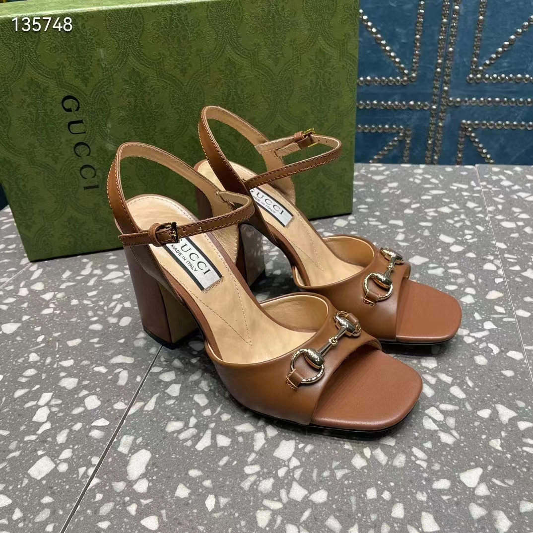 Gucci Women GG Horsebit Mid-Heel Sandal Brown Leather Sole Ankle Buckle Closure