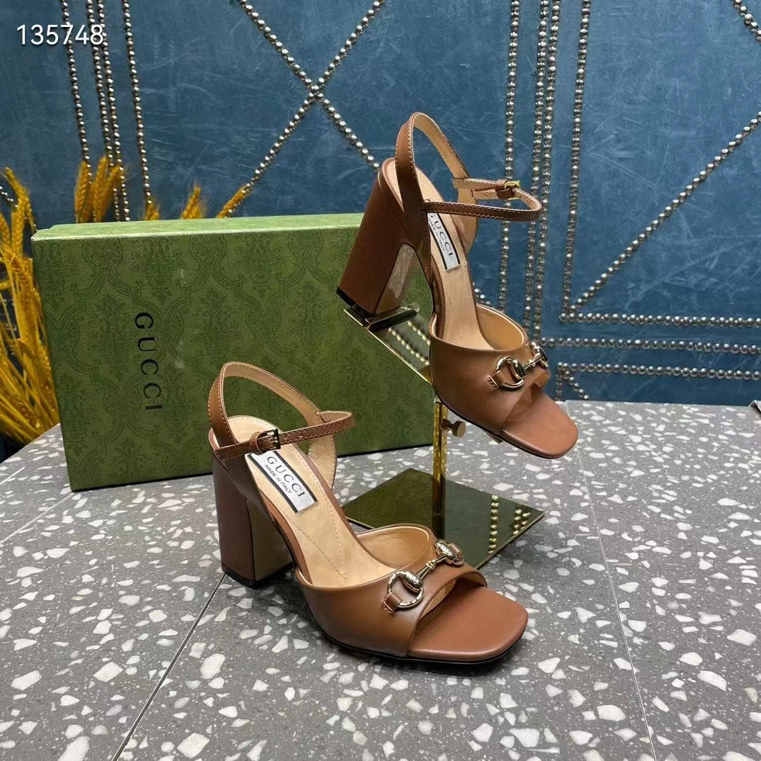 Gucci Women GG Horsebit Mid-Heel Sandal Brown Leather Sole Ankle Buckle Closure