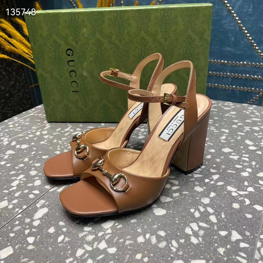 Gucci Women GG Horsebit Mid-Heel Sandal Brown Leather Sole Ankle Buckle Closure