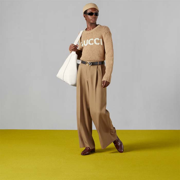 Gucci Men GG Knit Wool Sweater Gucci Intarsia Camel Ivory Crewneck Long Sleeves