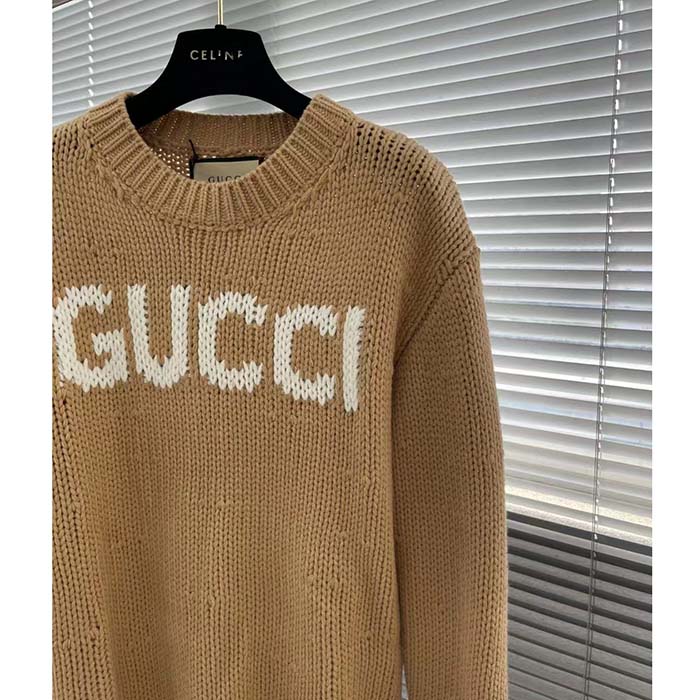 Gucci Men GG Knit Wool Sweater Gucci Intarsia Camel Ivory Crewneck Long Sleeves
