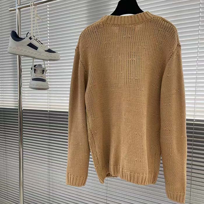 Gucci Men GG Knit Wool Sweater Gucci Intarsia Camel Ivory Crewneck Long Sleeves
