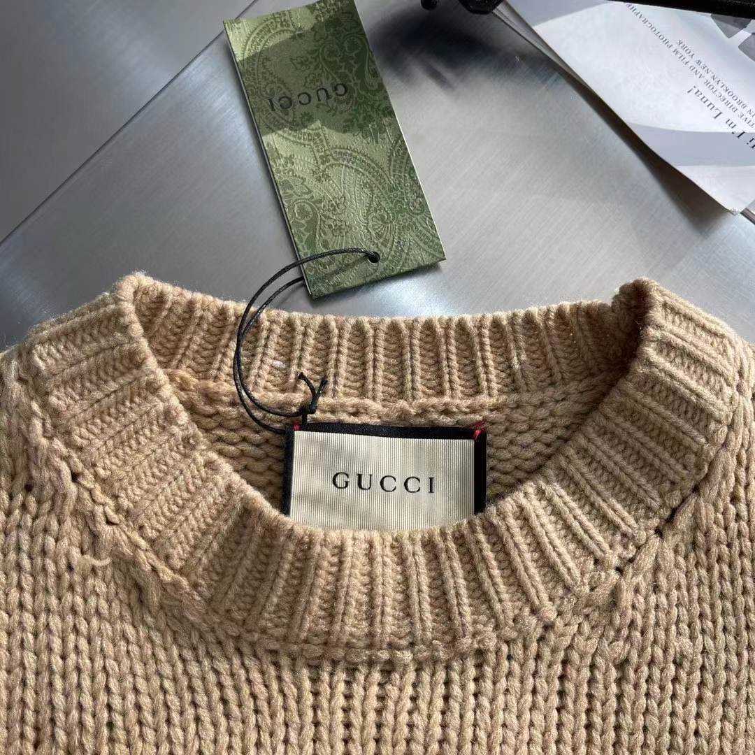 Gucci Men GG Knit Wool Sweater Gucci Intarsia Camel Ivory Crewneck Long Sleeves