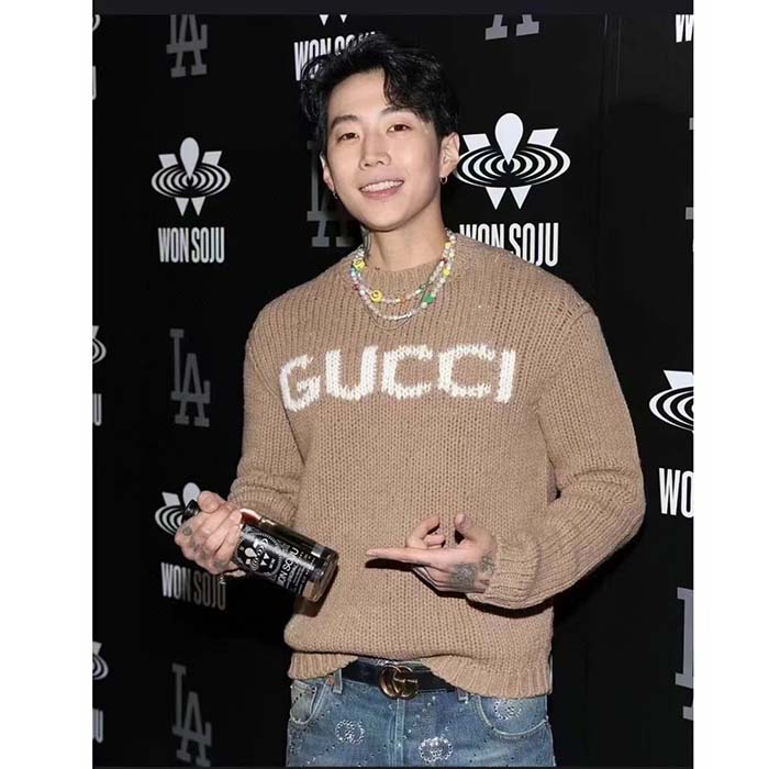 Gucci Men GG Knit Wool Sweater Gucci Intarsia Camel Ivory Crewneck Long Sleeves