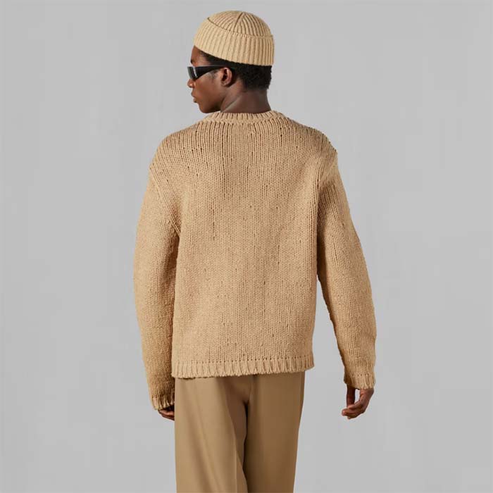 Gucci Men GG Knit Wool Sweater Gucci Intarsia Camel Ivory Crewneck Long Sleeves