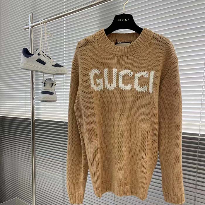 Gucci Women GG Knit Wool Sweater Gucci Intarsia Camel Ivory Crewneck Long Sleeves