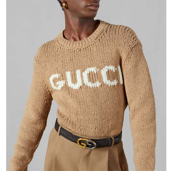 Gucci Men GG Knit Wool Sweater Gucci Intarsia Camel Ivory Crewneck Long Sleeves