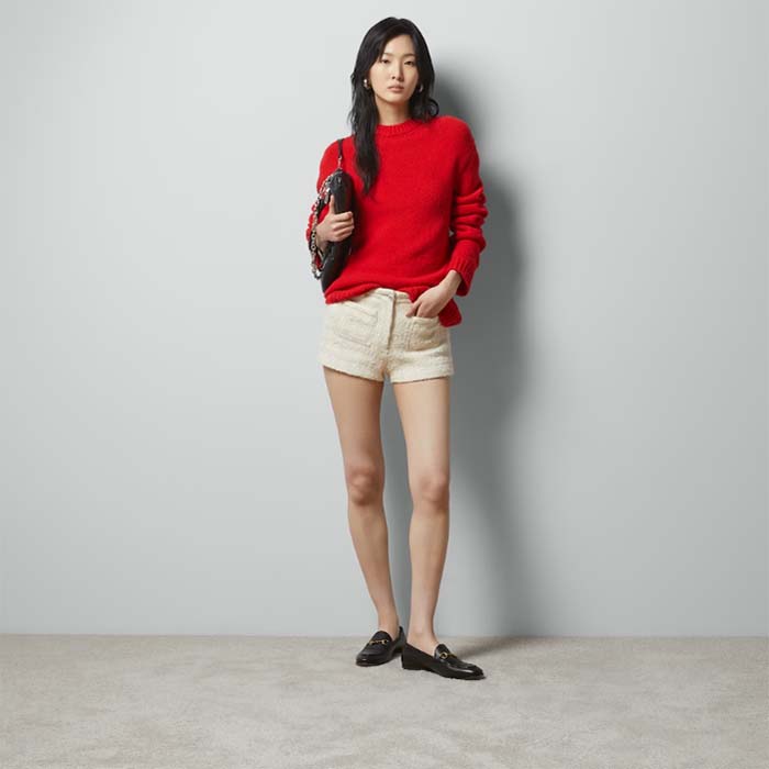 Gucci Women GG Red Wool Top Gucci Intarsia Crewneck Dropped Shoulder Long Sleeves