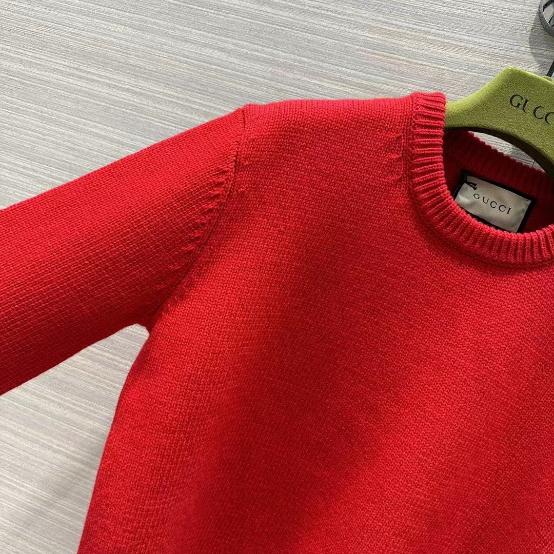 Gucci Women GG Red Wool Top Gucci Intarsia Crewneck Dropped Shoulder Long Sleeves