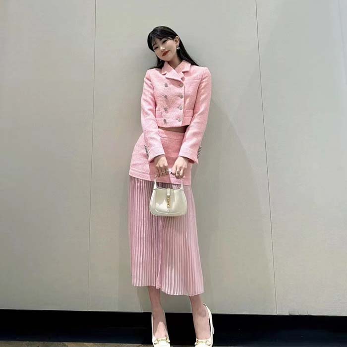 Gucci Women GG Cropped Tweed Jacket Sequins Pink Lined Square Notch Collar Style ‎771480 ZAPKK 5901