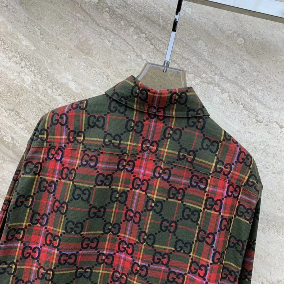 Gucci Women GG Tartan Wool Shirt Green Red GG Point Collar Long Sleeves Button Cuffs